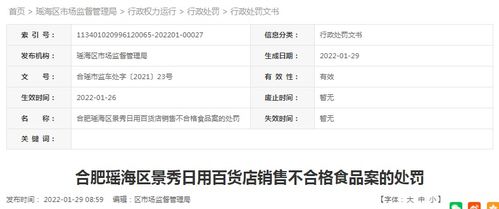合肥瑤海區景秀日用百貨店銷售不合格食品被罰款5000元
